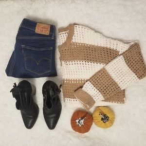 LUMIERE Tan Cream Chenille Stripe Sweater S